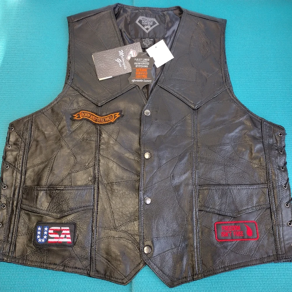 Diamond Plate Buffalo Mens Leather Vest Embroidered Patches 2X New